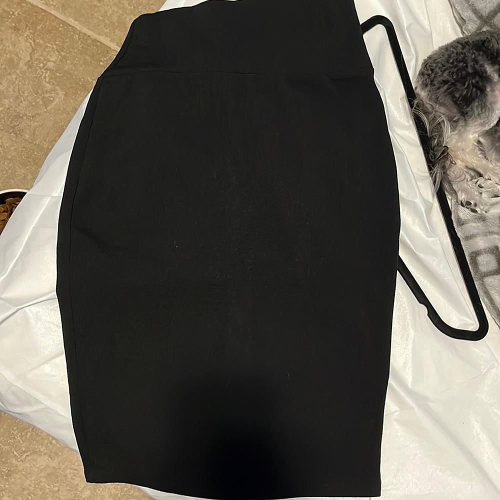 Knee length black skirt.